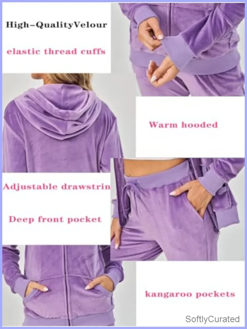 Velour Track Suit for Women, 2 Piece Sweatsuit Set, Full Zip Hoodie & Jogger